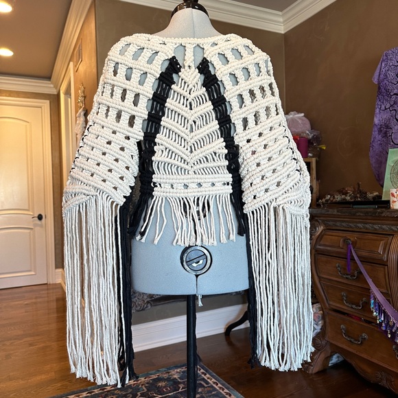 Boho Fringe Sweater - Black and Cream Handmade Original GoodVibeGoda Piece - Picture 6 of 16